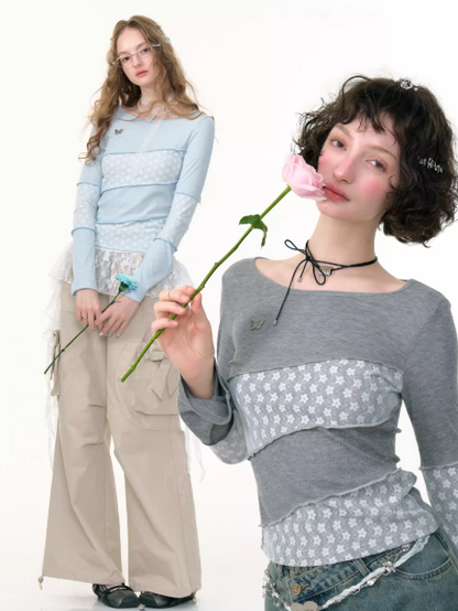 ZiziFei - Lace Panel Knit Long Sleeve – Slim Fit Retro Y2K Top