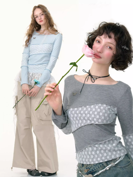 ZiziFei - Lace Panel Knit Long Sleeve – Slim Fit Retro Y2K Top