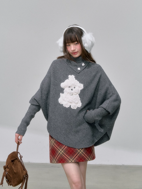 “小狗魔法袍” Cape-Style Puppy Embroidery Knit Sweater
