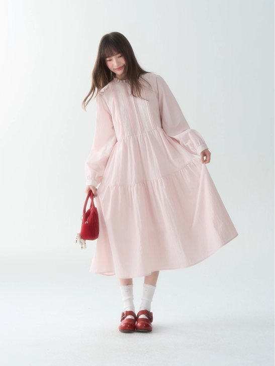 罐头士多所 - Soft Lace-Trim French Midi Dress – Sweet Preppy Early Fall Look