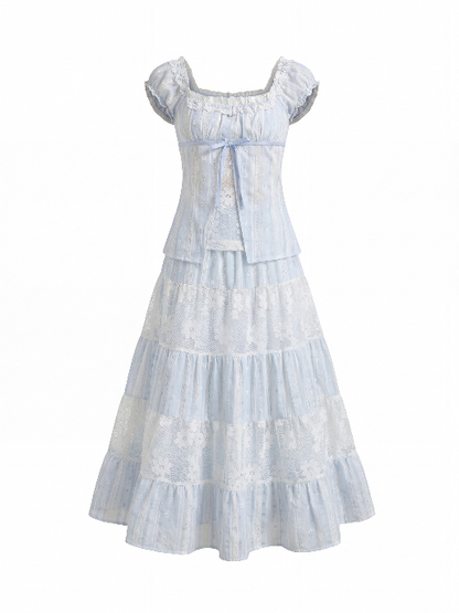 “Sea Salt Reverie” Blue Square Neck Blouse & Lace Tiered Maxi Skirt