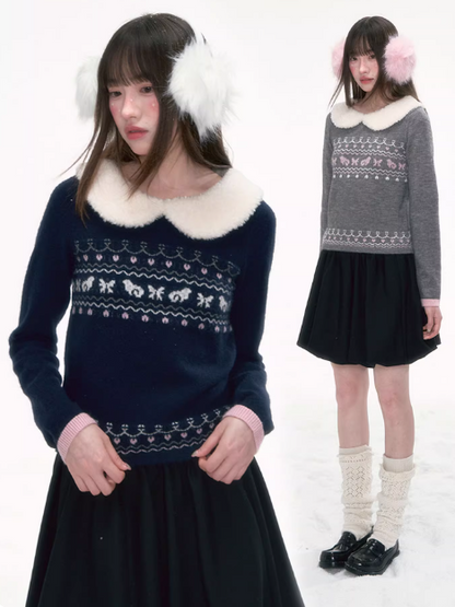 '雪绒甜心' Fair Isle Knit Top with Detachable Faux Fur Peter Pan Collar – Gray/ Navy