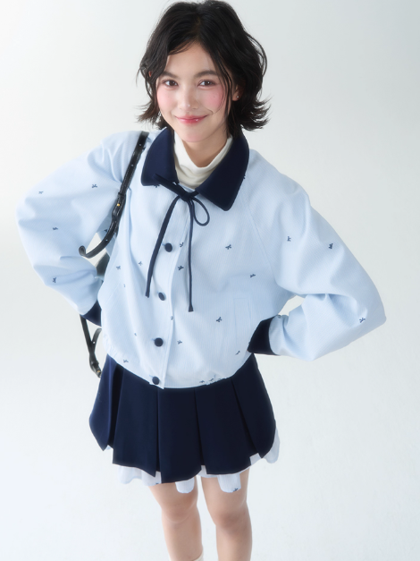罐头士多所 - Blue Embroidered Butterfly Two-Piece Set – Preppy Contrast Collar Jacket & Skirt