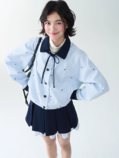 罐头士多所 - Blue Embroidered Butterfly Two-Piece Set – Preppy Contrast Collar Jacket & Skirt