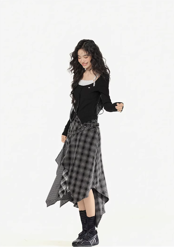 EPTISON - Plaid Irregular Patchwork Midi Skirt