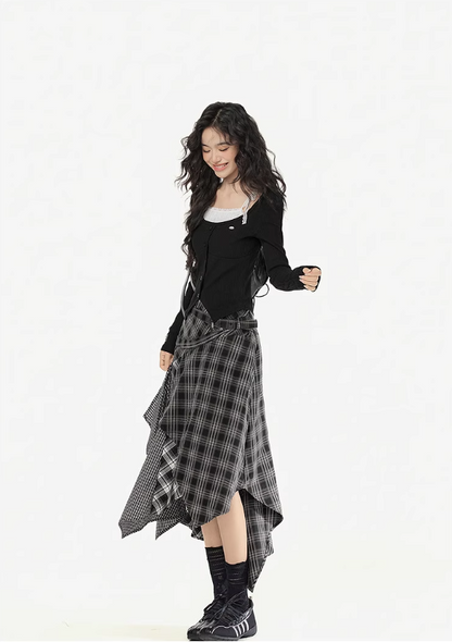 EPTISON - Plaid Irregular Patchwork Midi Skirt