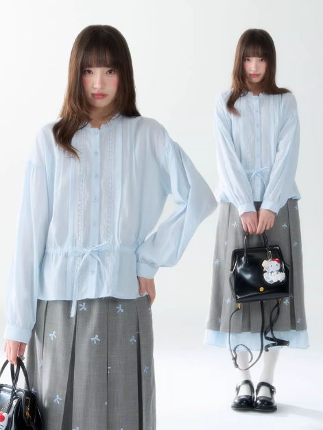 罐头士多所 - "Blue Whisper" Ruffled Collar Lace Shirt