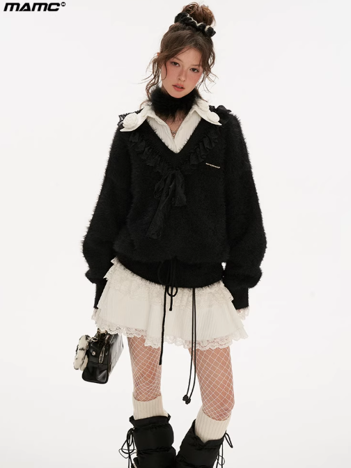 MAMC - V-Neck Ruffle Ribbon Knit Sweater