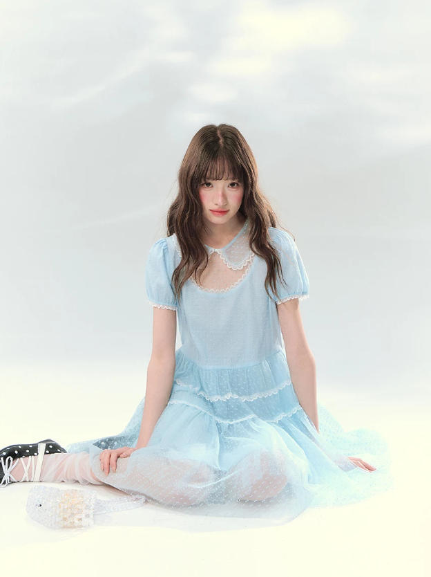 “Ice Blue Polka Dream” Blue Polka Dot Tiered Mini Dress