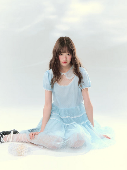 “Ice Blue Polka Dream” Blue Polka Dot Tiered Mini Dress