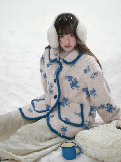 潘羅羅 - Blue Floral Imitation Lambswool Jacket