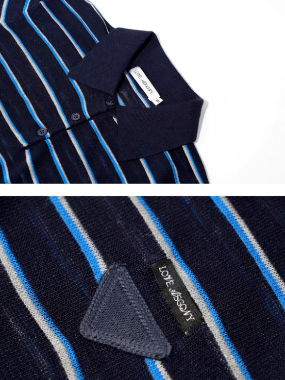 ASGONY - Drawstring Hem Striped Polo Knit (Navy Blue Stripe)