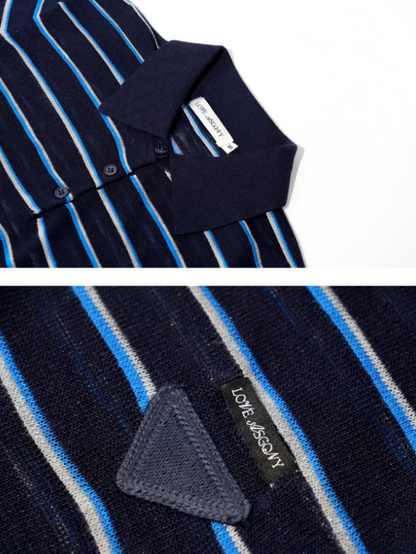 ASGONY - Drawstring Hem Striped Polo Knit (Navy Blue Stripe)