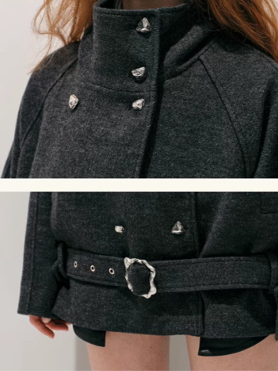 "柔廓定理" Wool-Blend Structured Military Coat with Stand Collar