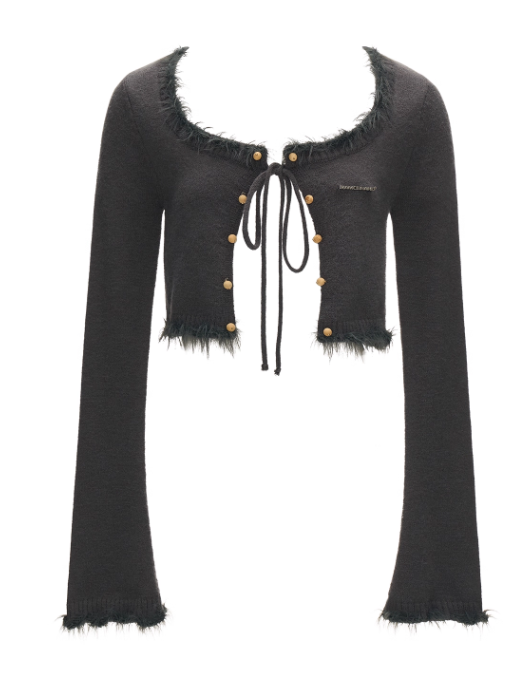 MAMC - Cropped Fuzzy-Trim Knit Cardigan