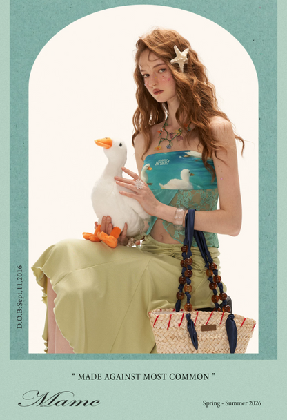 Blue Duck Print Lace Hem Tube Top WE923