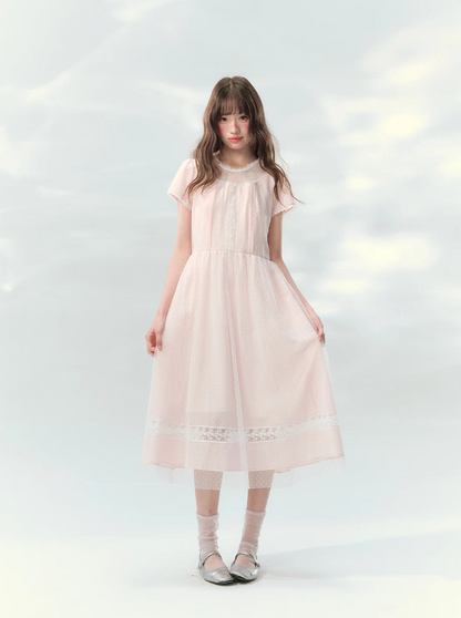 “Peach Bubble Romance” Pink Polka Dot Lace Midi Dress