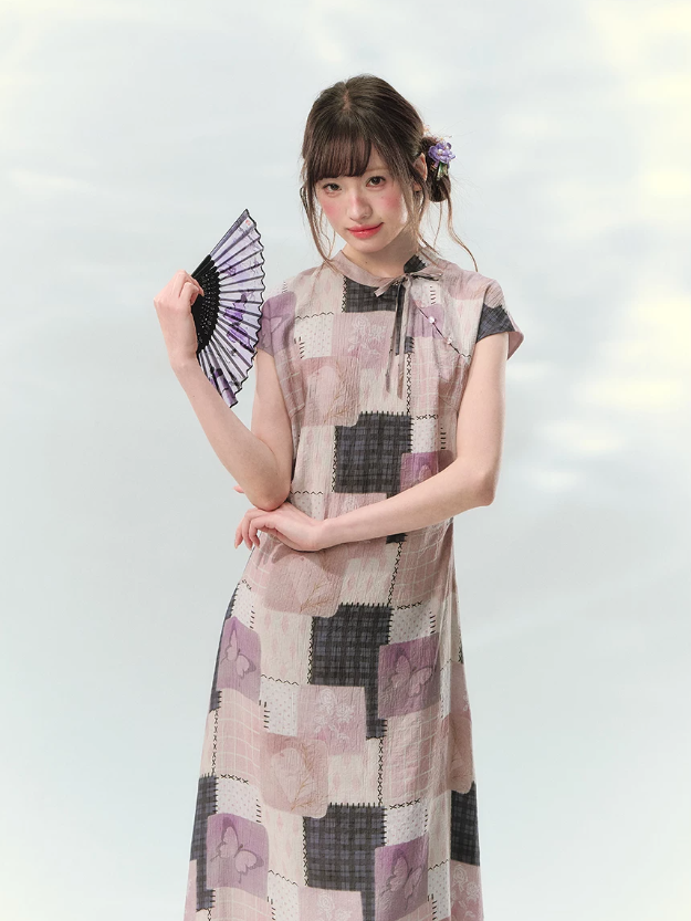“Wisteria Poetry” Purple Patchwork Print Cheongsam Dress