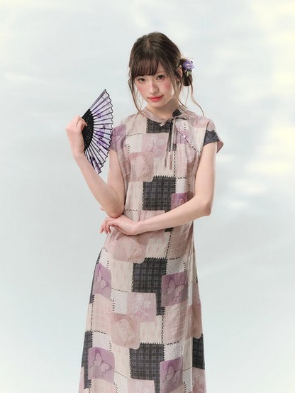 “Wisteria Poetry” Purple Patchwork Print Cheongsam Dress