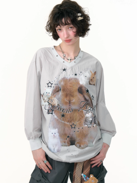 ZiziFei - Cat & Bunny Graphic V-Neck Sweatshirt – Studded Retro Thin Pullover