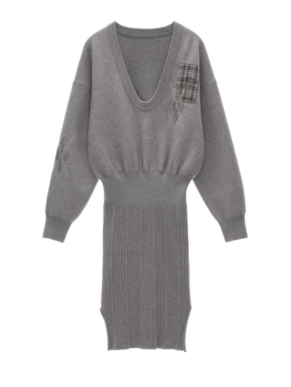 MAMC - Plaid Patchwork Knit Dress with Pleated Layered Apron Skirt WE812