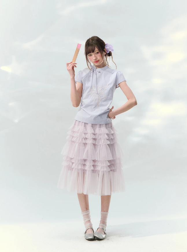 “Taro Peach Layers” Dusty Lilac Tiered Tulle Midi Skirt