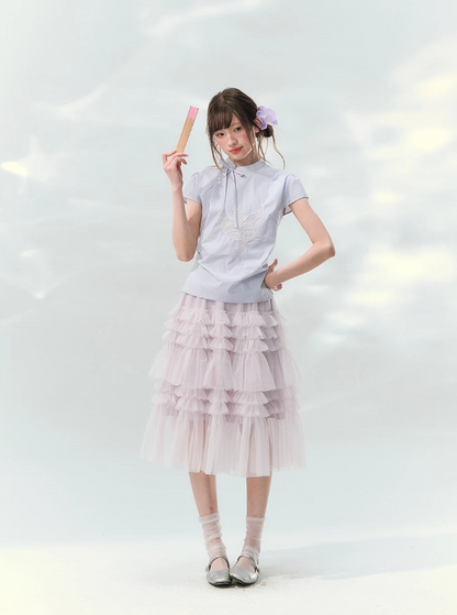 “Taro Peach Layers” Dusty Lilac Tiered Tulle Midi Skirt
