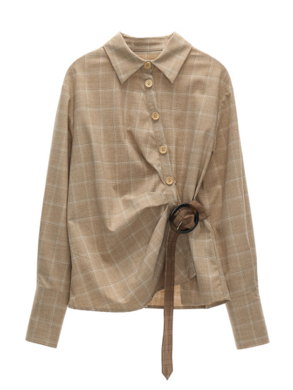 MAMC - Taupe Houndstooth Ring-Belt Shirt – Cinched Waist Fall Streetwear Blouse