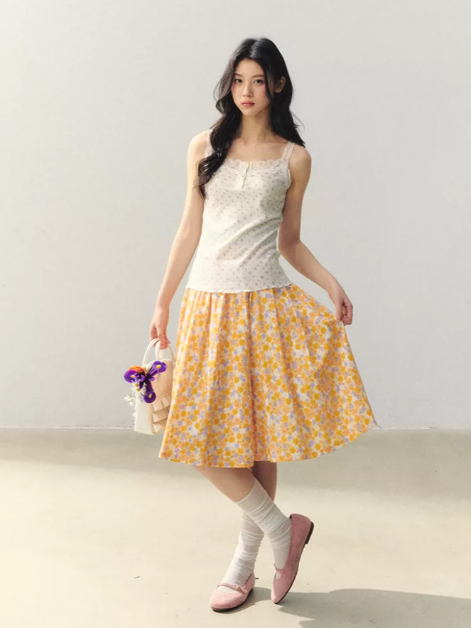 Citrus Bloom Lace Cami & Floral Pleated Skirt Set LL2026039