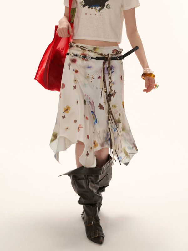 "Poetic Bloom Flow" Asymmetric Satin Panel Midi Skirt WE926