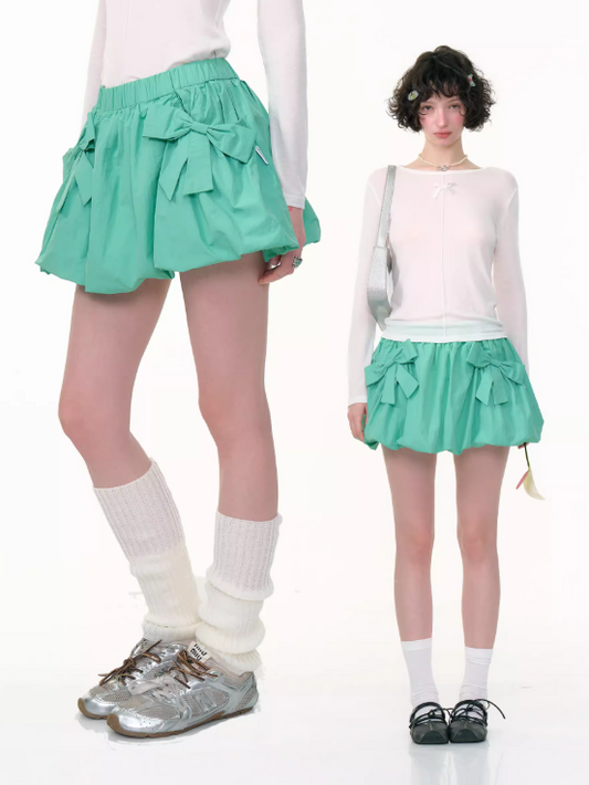 ZiziFei - Y2K High-Waisted Bubble Mini Skirt – Bow Detail A-Line Skirt in Green & Navy