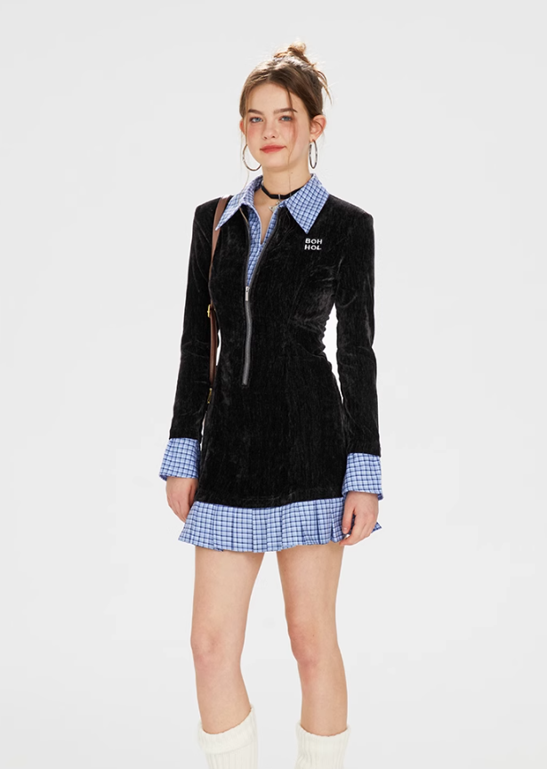 Contrast Color Stitching Pleated Velvet Dress