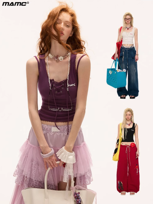 MAMC - Lace-Up Layered Look Tank – Chic Ribbed Camisole Top