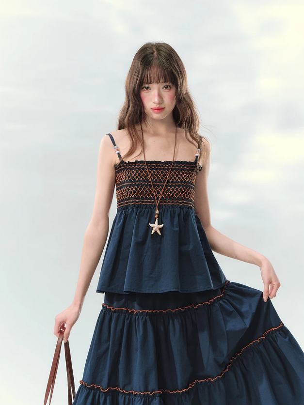 “Bohemian Travel Notes” Navy Beaded Cami & Tiered Maxi Skirt Set