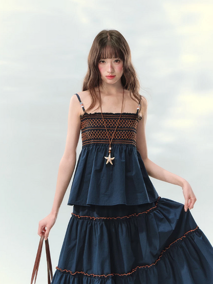 “Bohemian Travel Notes” Navy Beaded Cami & Tiered Maxi Skirt Set