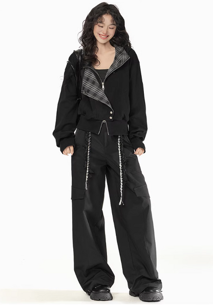 EPTISON - Y2K Plaid Patchwork Hooded Jacket