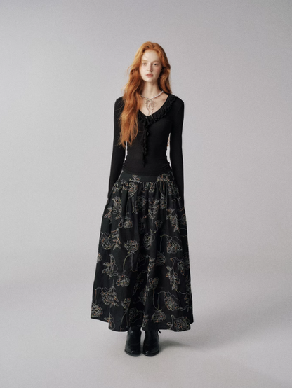 "糖果多巴胺" Color-Accented Embroidered Flared Midi Skirt (Black)