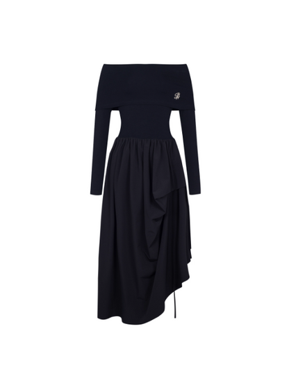 PCH - Hepburn Style Off-Shoulder Long Dress (Black)