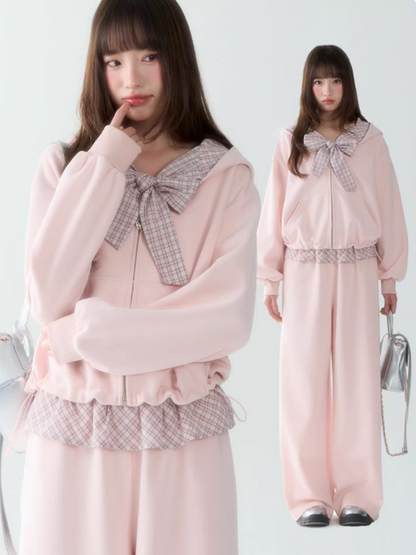 罐头士多所 - Pink Plaid Bow Hoodie & Jogger Set – Preppy Girl Matching Loungewear