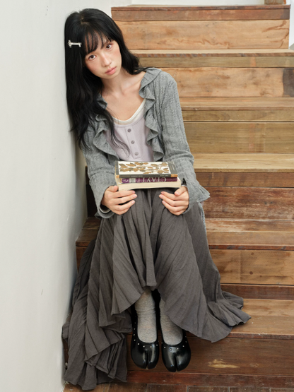 DAILY ARTIST - Gray Ruffle-Trim Cardigan & Purple Layered Top Set