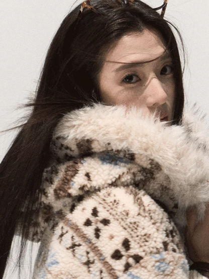 OAKMOO/ Warm Ivory Fair Isle Jacquard Hooded Jacket with Detachable Faux Fur Collar