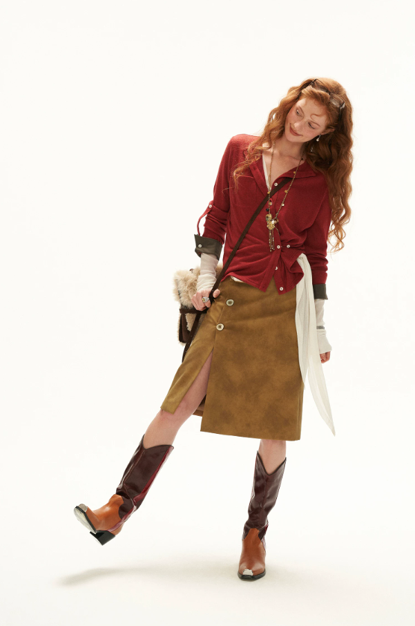 MAMC - Textured Wrap-Front Henley Waist-Defined Cardigan Top (Red / Brown)