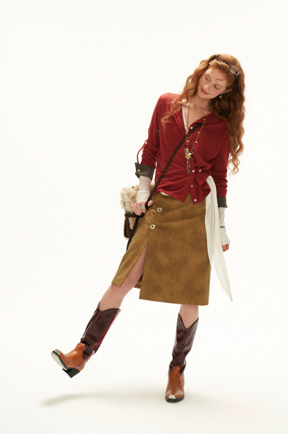 MAMC - Textured Wrap-Front Henley Waist-Defined Cardigan Top (Red / Brown)
