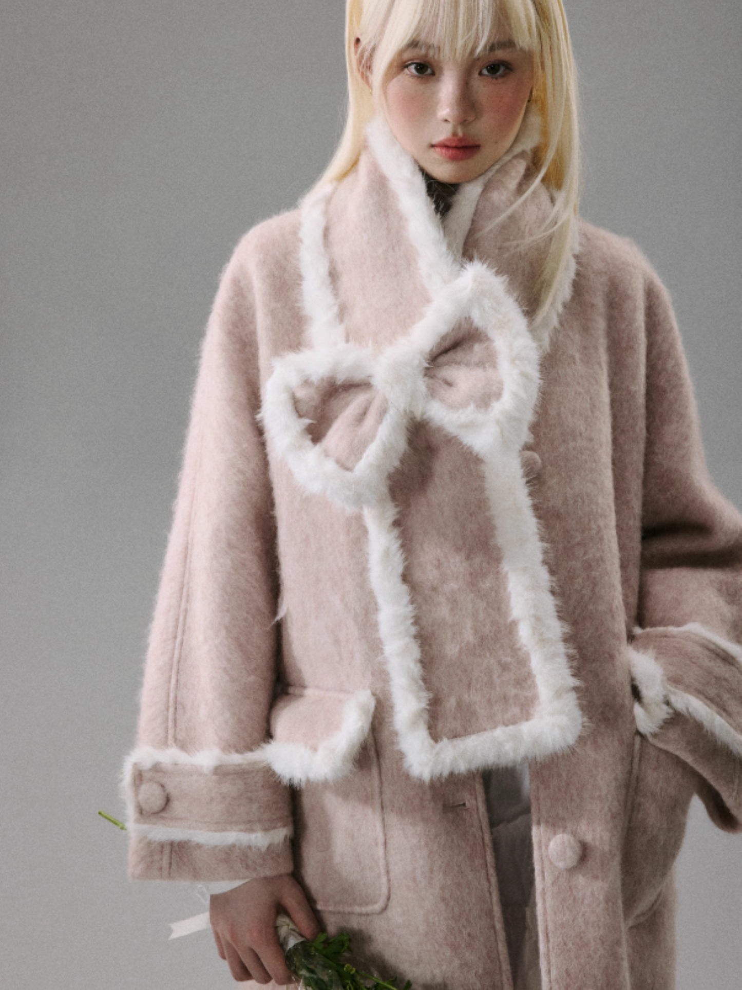 "Sakura-Tipped Reverie" Wool-Blend Wave-Texture Coat with Detachable Bow Scarf - Pink