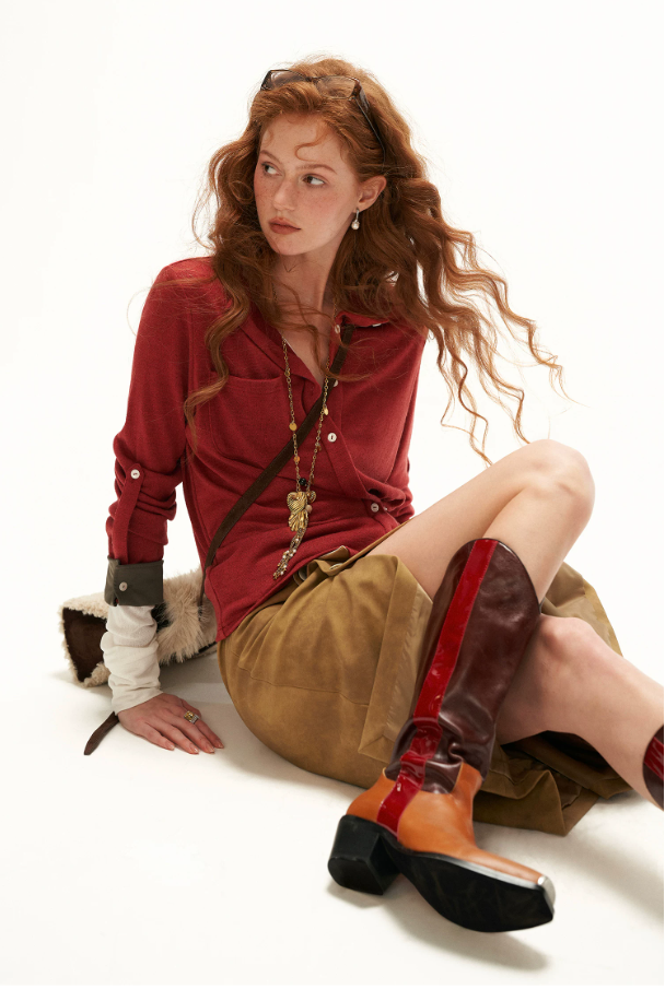 MAMC - Textured Wrap-Front Henley Waist-Defined Cardigan Top (Red / Brown)