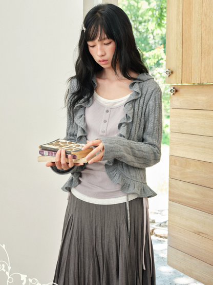 DAILY ARTIST - Gray Ruffle-Trim Cardigan & Purple Layered Top Set
