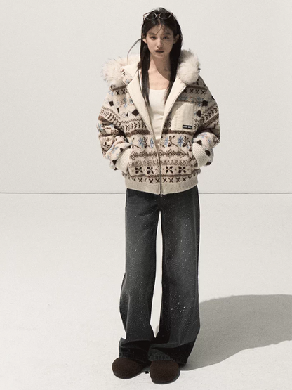 OAKMOO/ Warm Ivory Fair Isle Jacquard Hooded Jacket with Detachable Faux Fur Collar