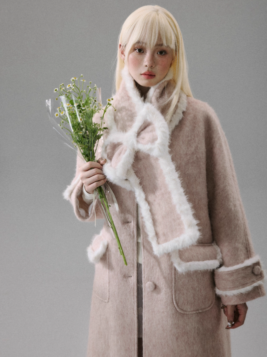"Sakura-Tipped Reverie" Wool-Blend Wave-Texture Coat with Detachable Bow Scarf - Pink