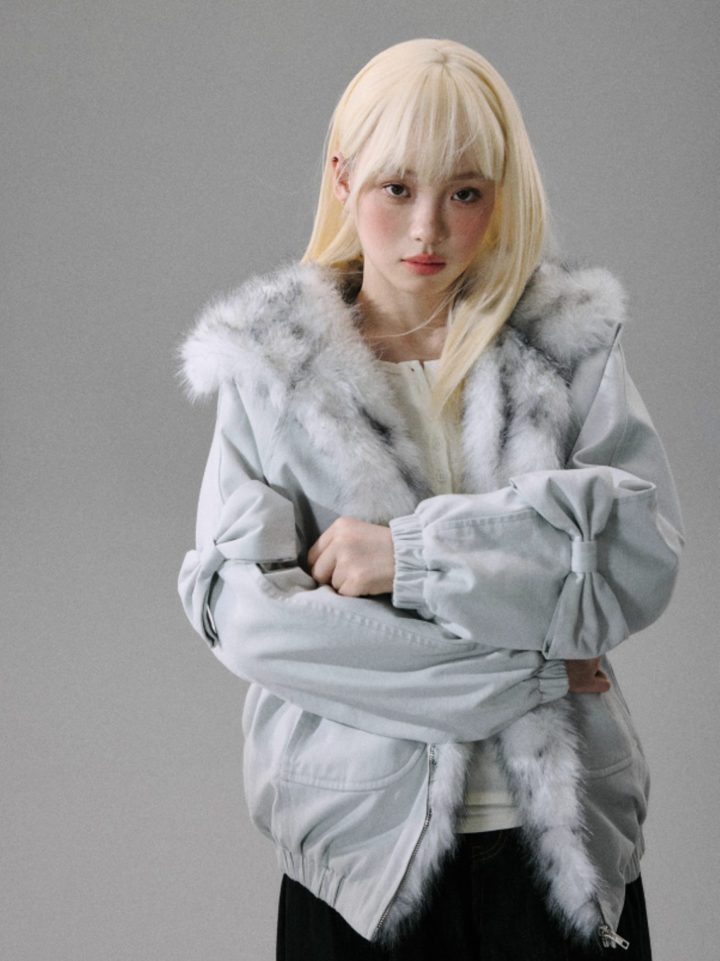 "Northern Frost Rime" Sweet-Cool Plush Hooded Jacket - Gray-White