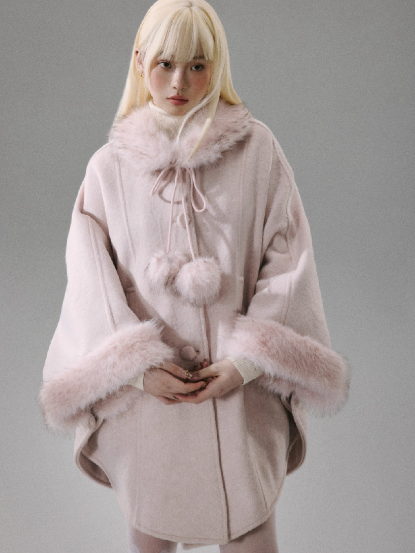 "Sakura Rain" Sweet-Chic Wool-Blend Long-Hair Cape Coat